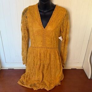 Altar'd State Mustard Lace Long Sleeve Dress — new